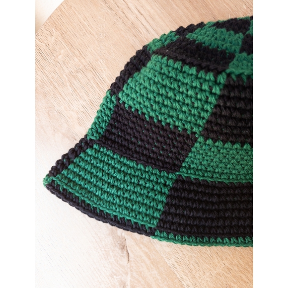 Checkered Crochet Bucket Hat - Green/Black (Handmade) - Picture 9 of 12